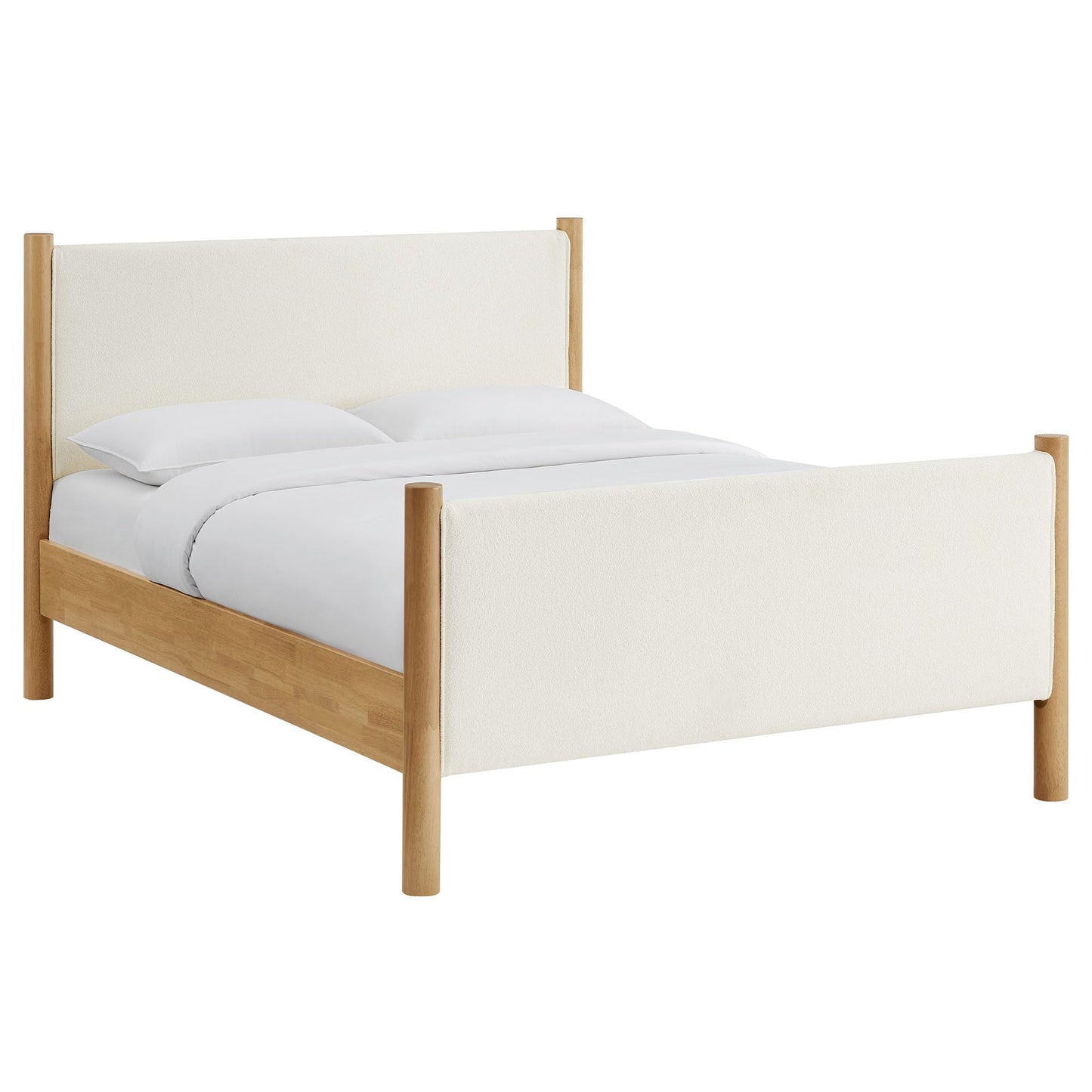 Modway Maven King Size Bed Frame in Feather Oak with Upholstered Boucle Headboard and Footboard – Wood King Platform Bed Frame – No Box Spring Needed
