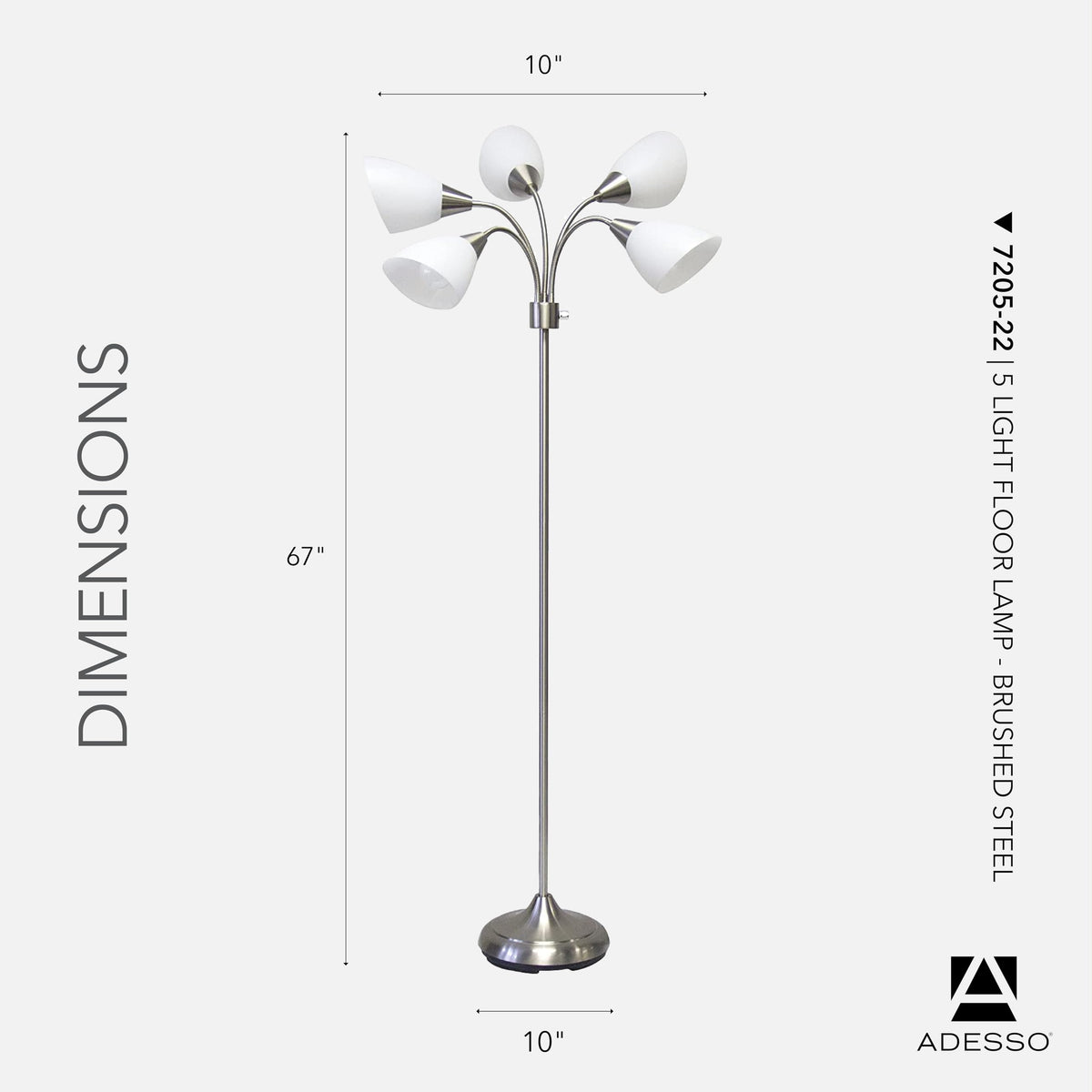 Adesso Floor Lamp with 5 Movable Shades & Adjustable Brightness, Brushed Steel Finish, Silver Perfect Lighting for Bedroom Decor, Beauty & Art Studio