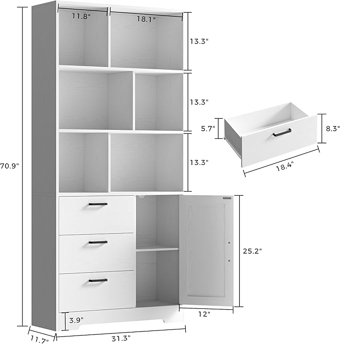IRONCK Bookshelf, 70.9 Inch Tall Bookcase, 3-Tier Bookshelves