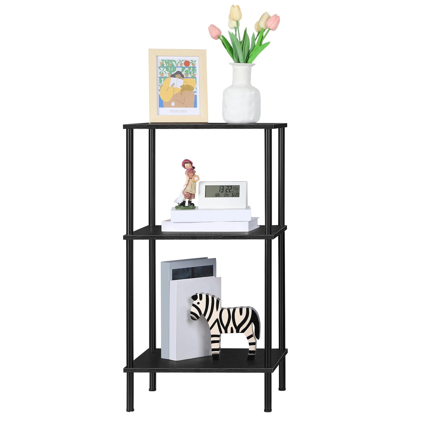 ETELI Tall Side Table with Storage 3 Tier Black End Table Metal Storage Shelves for Living Room Bedroom Bathroom Small Slim Table for Office