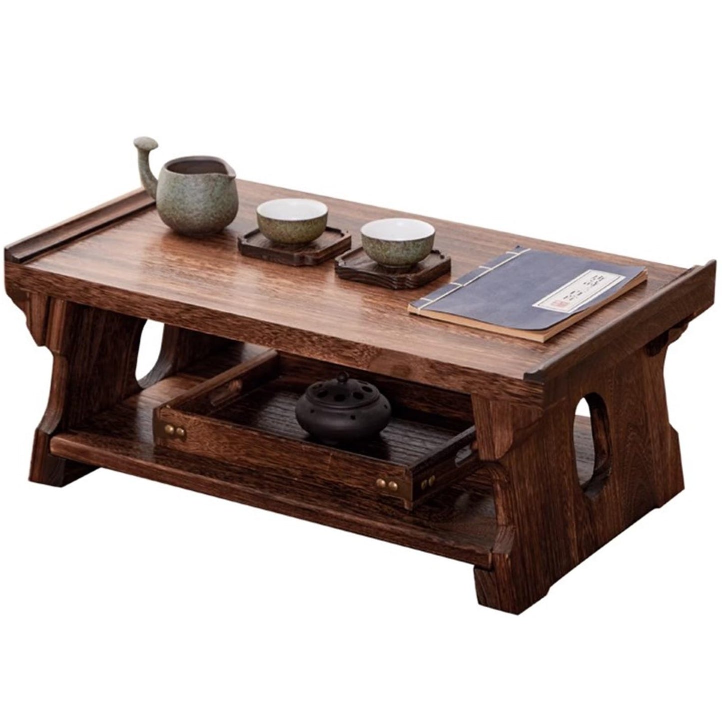 Portable Antique Tatami Floor Table - Low Meditation & Tea Table for Home & Garden, 70x35x28cm, Multifunctional Zen Furniture for Relaxation & Mindfulness