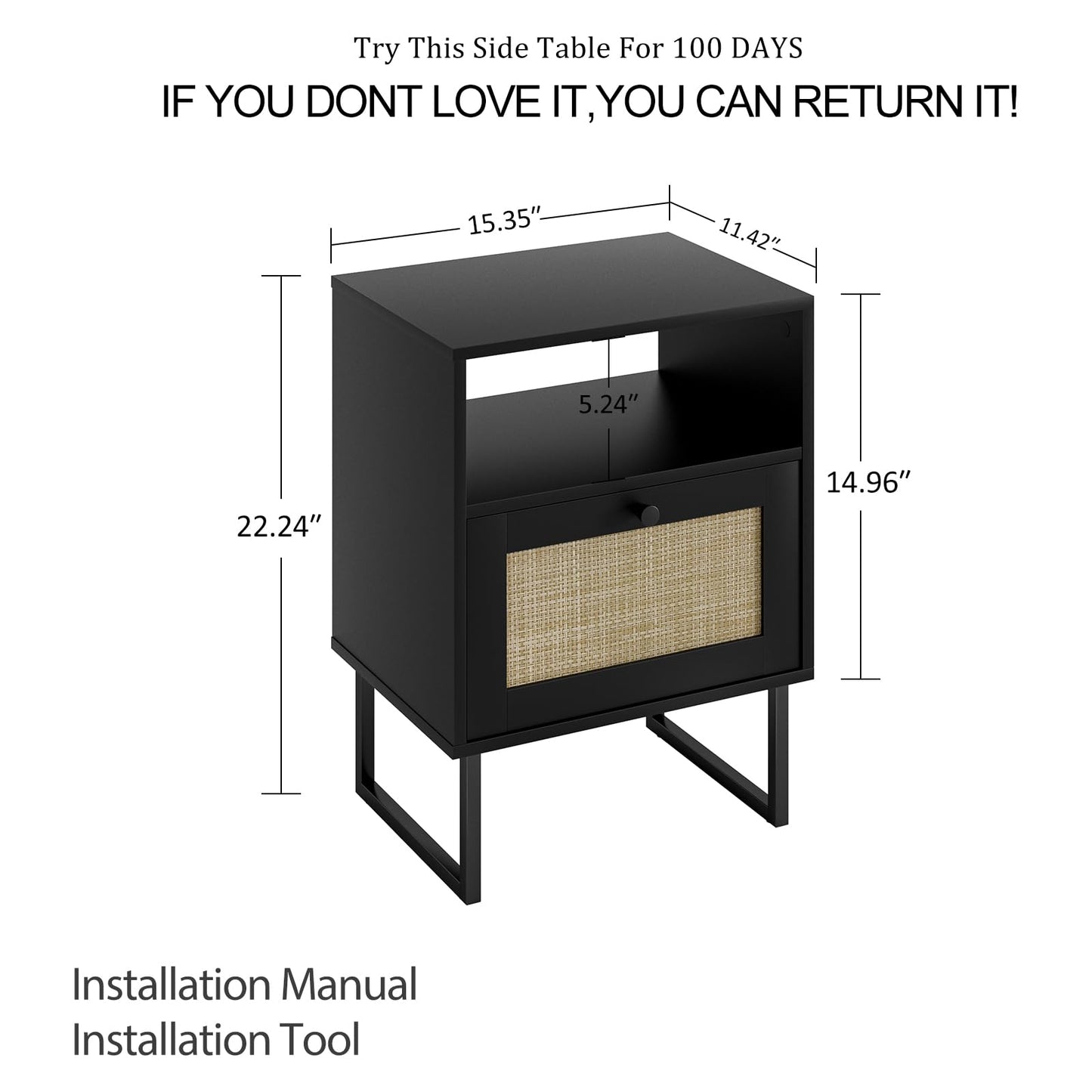 Masupu Rattan Nightstand,Modern Boho Farmhouse Wood Bedside Table with Storage Drawer and Open Shelf,Small Black Frame Side End Table for Bedroom,Living Room,Office (Black)
