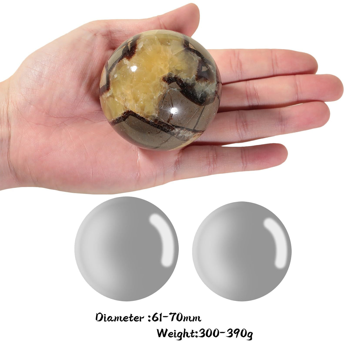 Rockcloud Natural Septarian Dragon Crystal Ball with Wooden Base, Polished Healing Stone Sphere Ornament for Fengshui Home Office Tabletop Decoration, 2.40-2.75 Inches