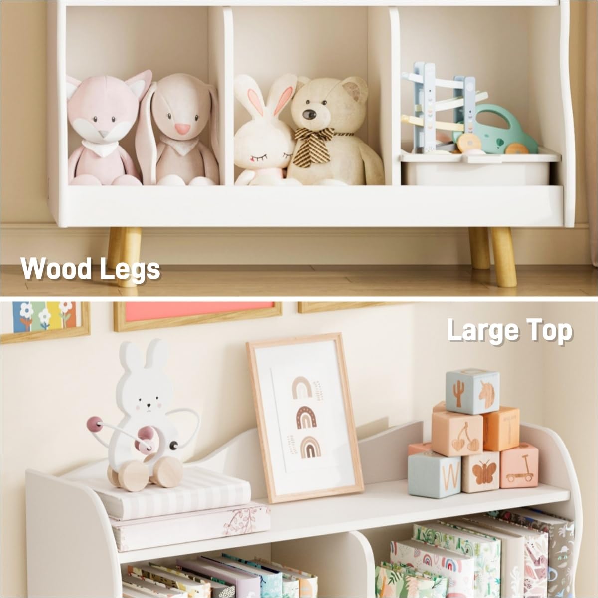 Treocho Kids Bookshelf and Toy Storage Orangizer, 3-Tier Wooden Children's Bookcase with Curve Design, 5 Cubbies Toy Storage Cabinet Display with Legs for Children's Room, Playroom, School, White