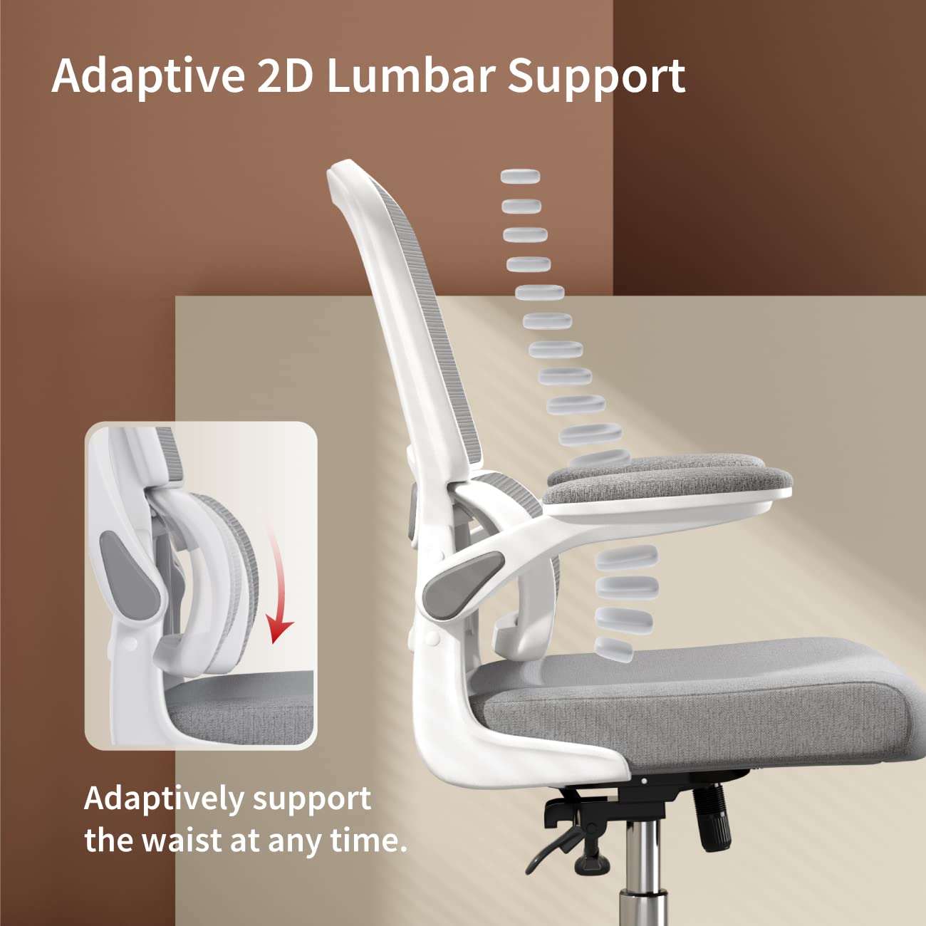 Logicfox Ergonomic Office Chair, Comfortable Office Chair with Flip-up Arms, Adaptive Lumbar Support, Mesh Computer Chair with Thick Cushion, White Desk Chair with 90°-130° Tilt Function