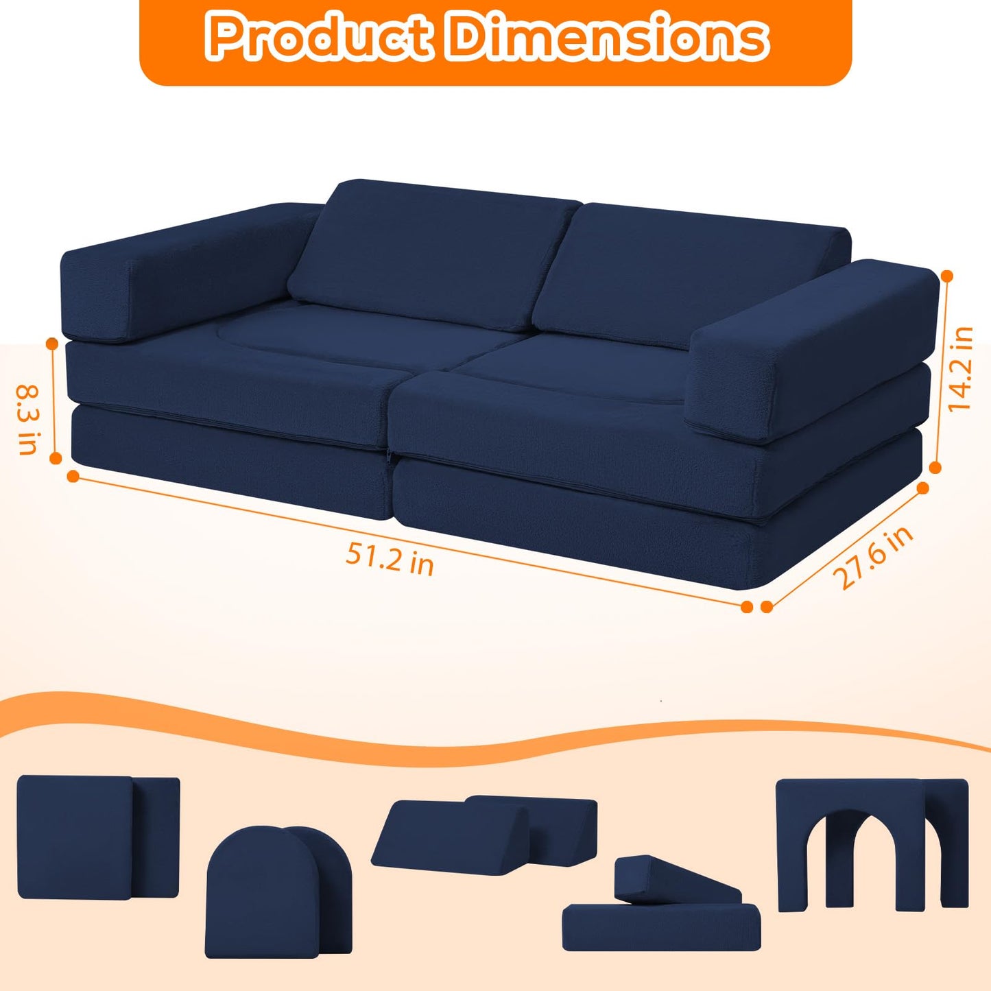 MeMoreCool Navy Blue Kids Couch 10-Piece Modular Play Couch Ages 3+