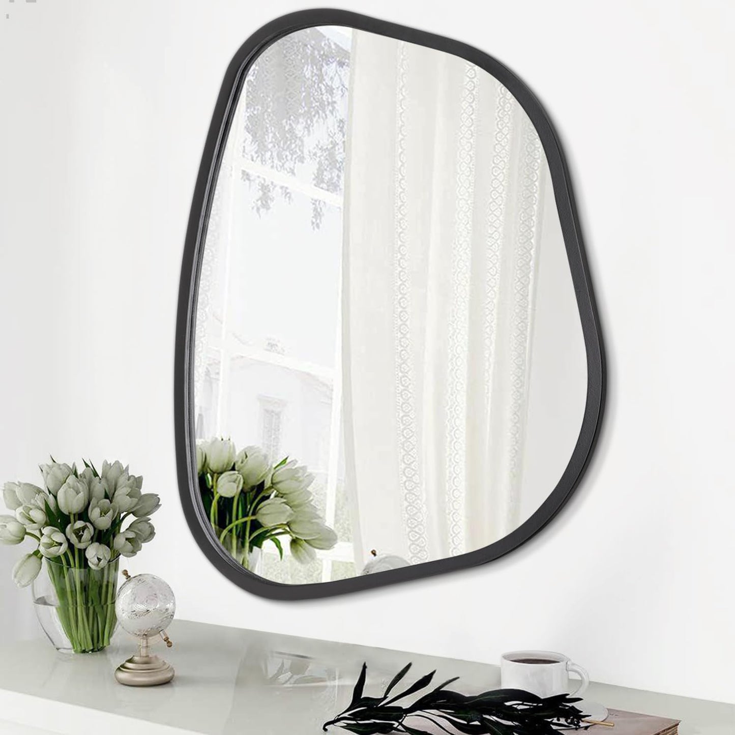 HLFMVWE Irregular Wooden Framed Wall Mirror Modern Asymmetrical Unique Hanging Mirror Artistic Boho Mirror Decor Bathroom Vanity Bedroom Living Room Entryway Hallway 14'' x 10''