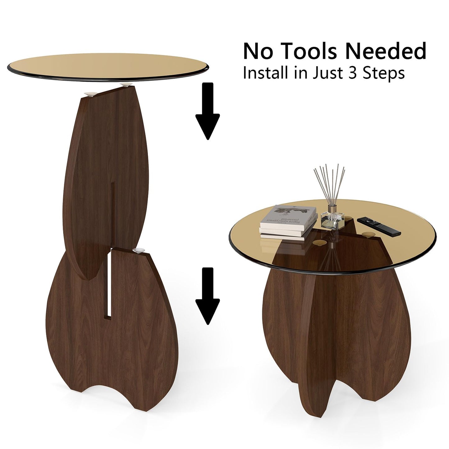 Permory MDF Frame Side Table with Brown Tempered Glass Top, Mortise and Tenon Joint Design, No Screw Easy Assembly, Sturdy End Table for Living Room, Bedroom (Shell-Brown)