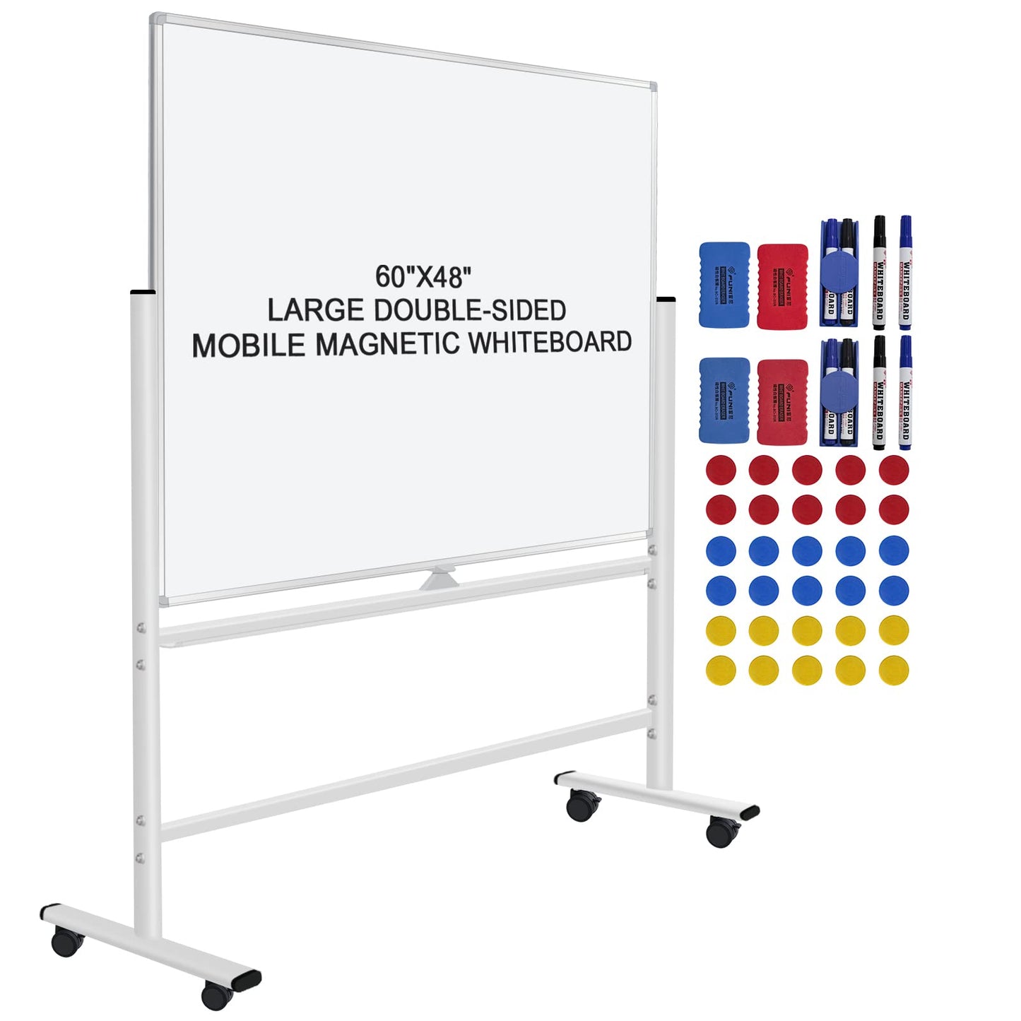 H-Qprobd 60"x48" Mobile Whiteboard Double-Sided Magnetic Dry Erase Board on Wheels - Comercial Rolling White Boards with Sturdy Stand for Home, Office & School