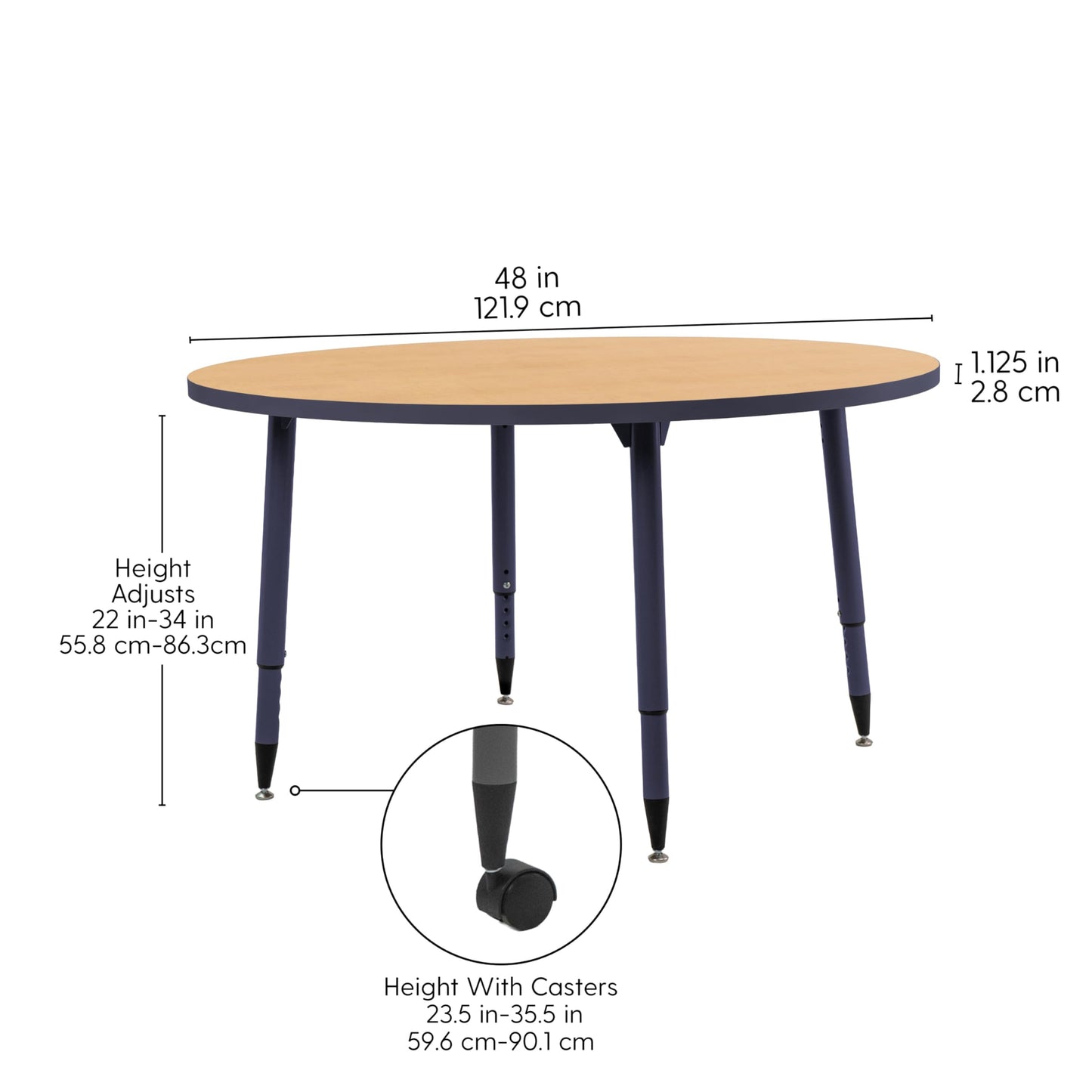 Adapte Commercial Classroom Activity Table - 48" Round, ADA Compliant Tapered Legs with Glides & Casters, Adjustable Height 22-34" Wheelchair Accessible, School & Office Furniture