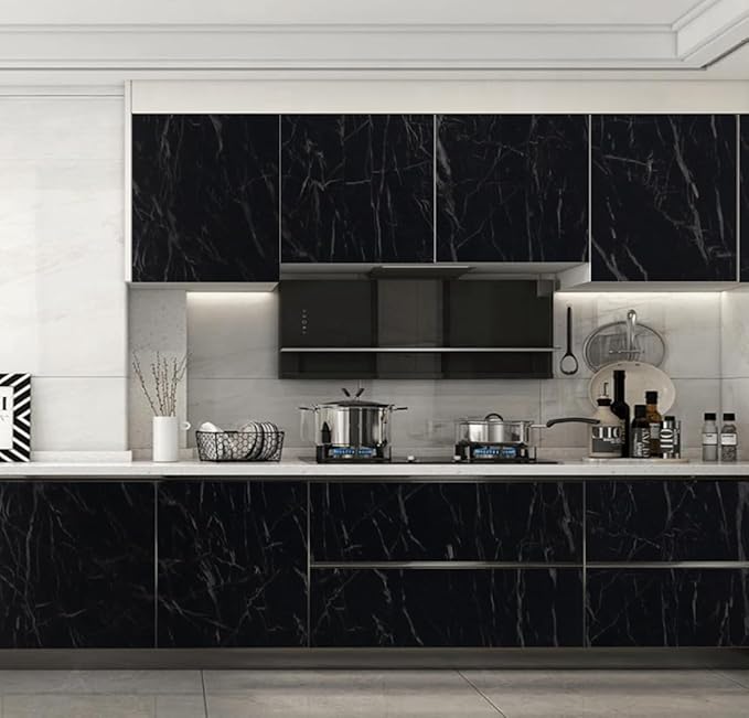 Arthome Black Marble, 11.8x100 Inches Peel and Stick Wallpaper, Marble Contact
