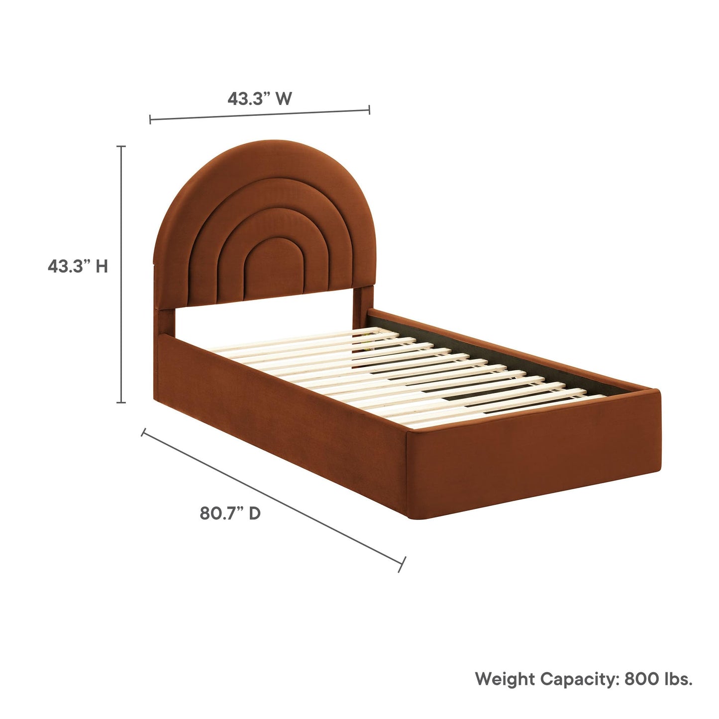 Modway Solana Twin Size Performance Velvet Platform Bed in Rust – Upholstered Bed Frame with Soft Arch Shaped Padded Headboard – Plinth Base Platform Bed Frame