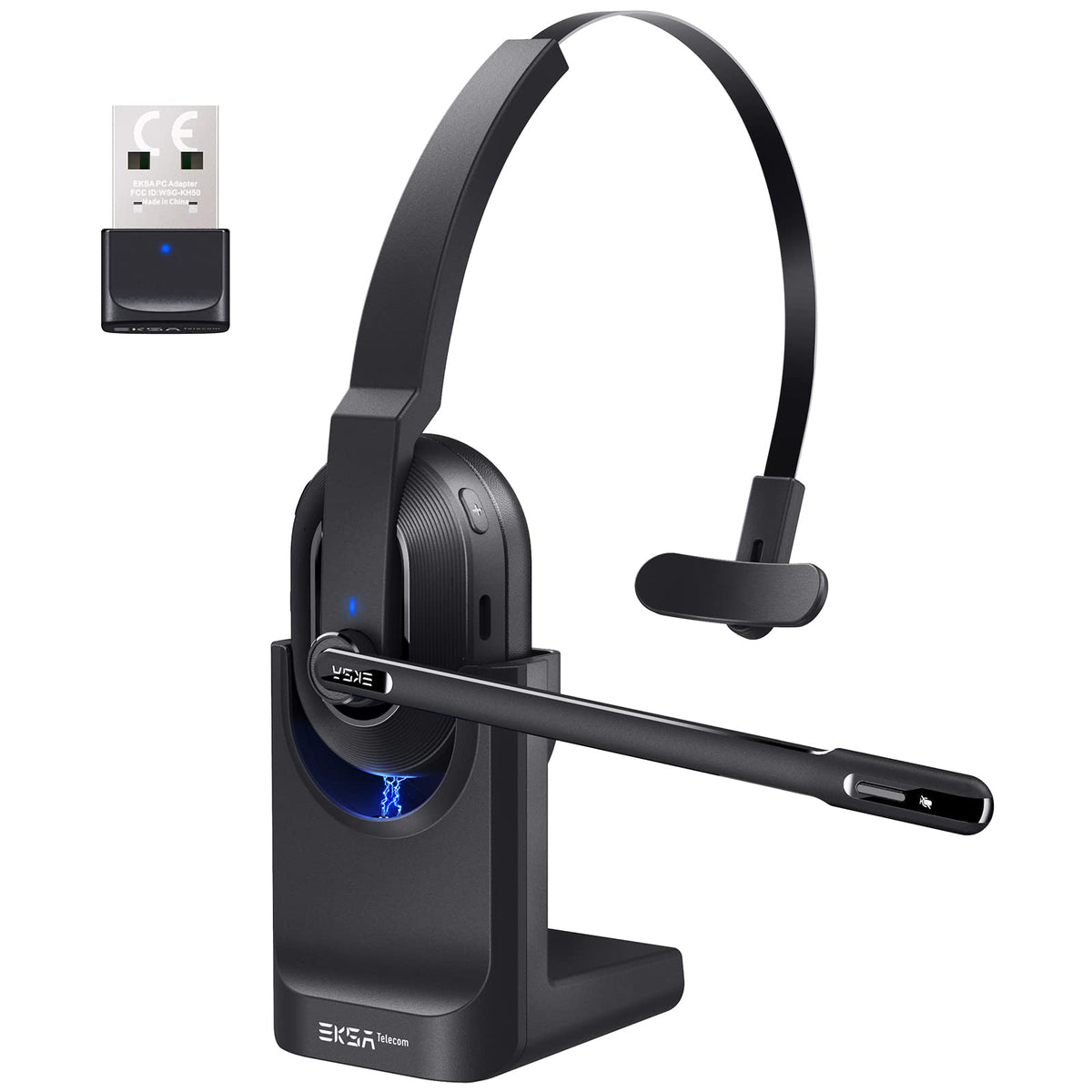 EKSA Bluetooth Headset, Wireless Headphones with AI-Powered Environmental Noise Cancelling Microphone (ENC) & Fast Charging Stand, Lightweight, 45Hrs On-Ear Headphone with USB Dongle for PC (Black)