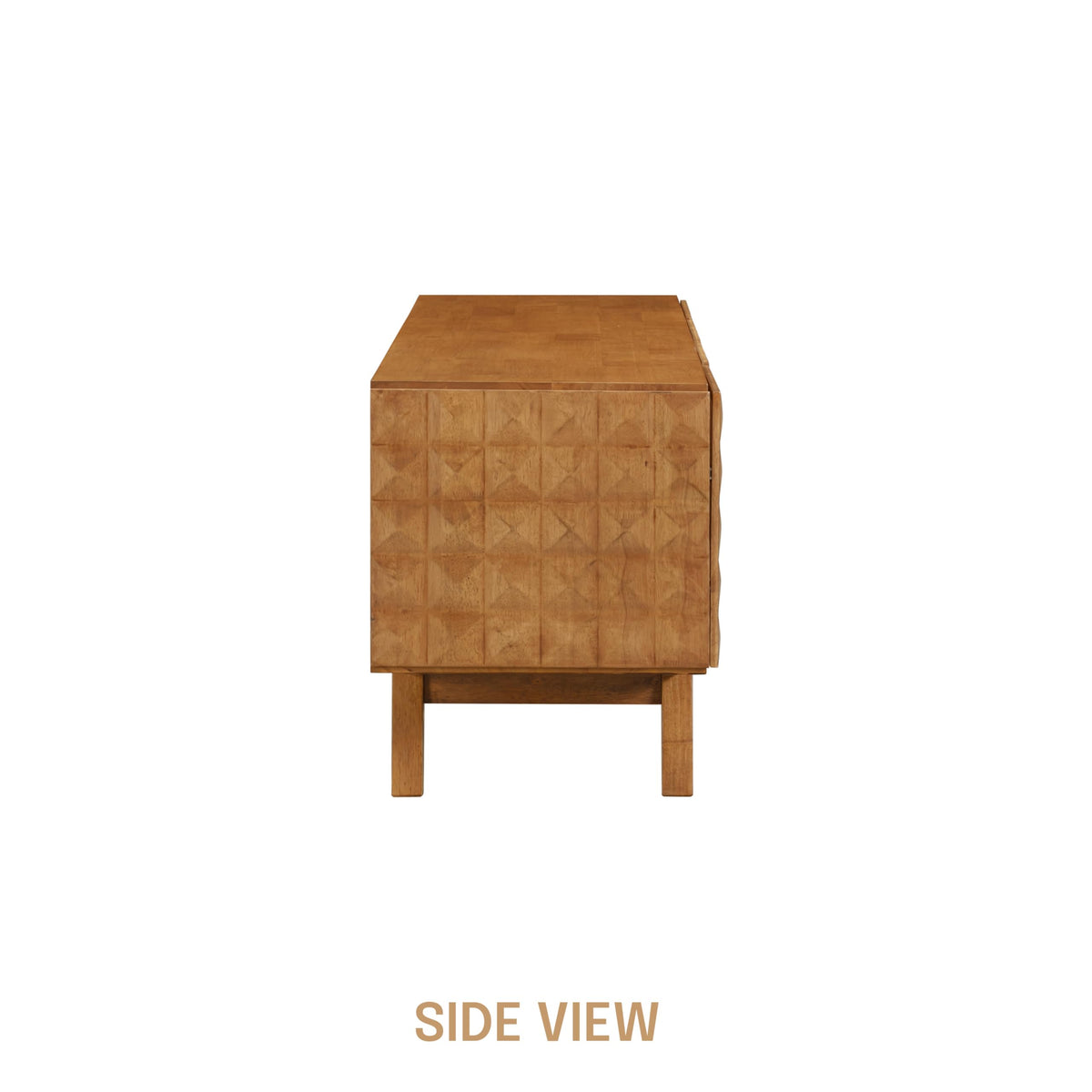 NTC Sapa Mid-Century Modern Solid Wood TV Stand 4-Door Media Console with Carved Geometric Fronts for TVs up to 75", Effortless Assembly, Teak Look