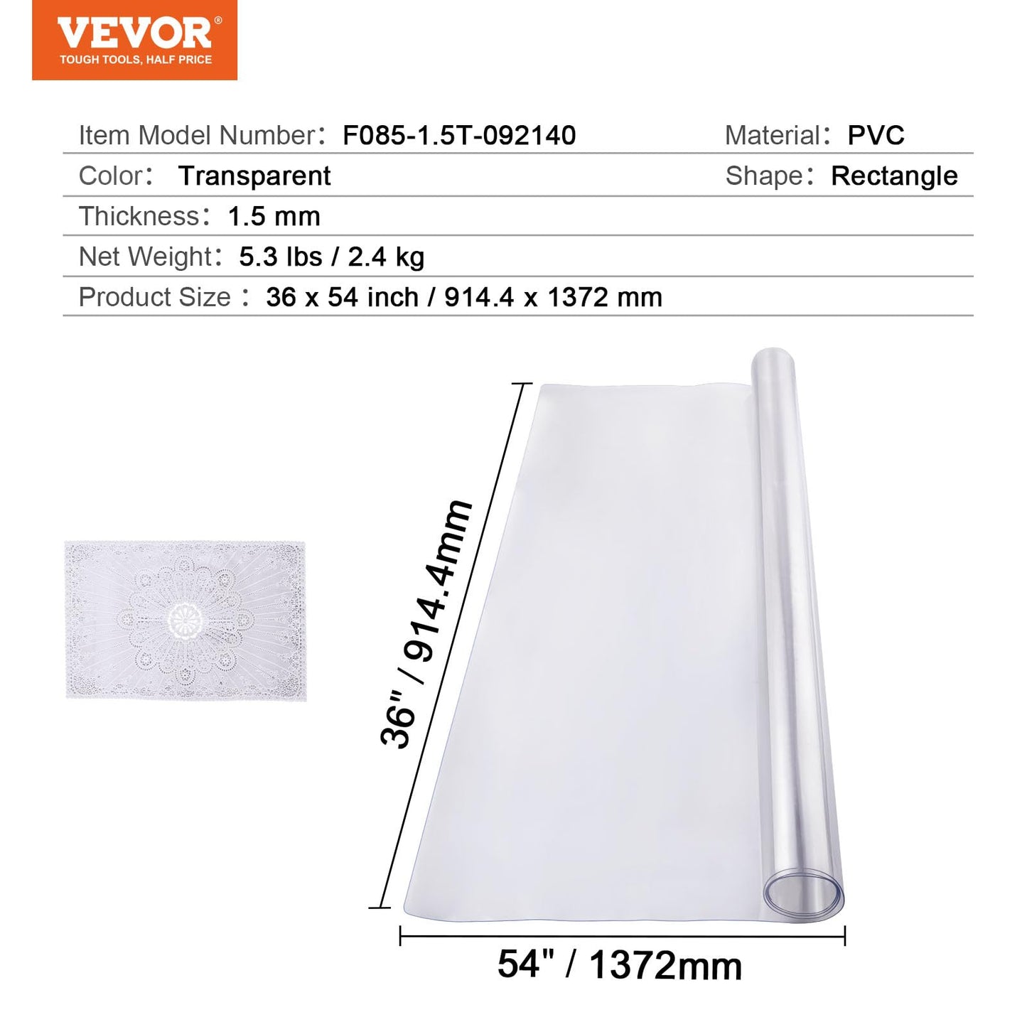 VEVOR Plastic Table Cover, 36 x 54 Inch 1.5 mm Thick Clear Table Protector, Rectangle PVC Desk Mat, Waterproof & Easy Cleaning Desk Pad Tablecloth, for Office, Dresser, Dining Room, Night Stand