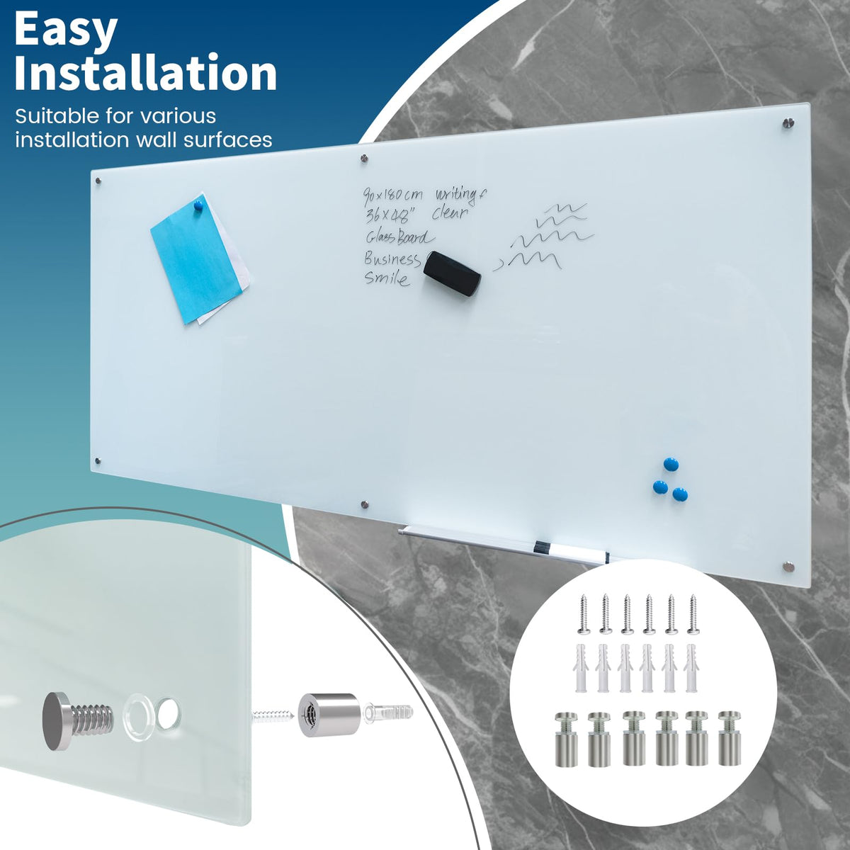 Magnetic Glass Writeboard Tempered Glass Dry Erase Boards Wall Mounted Frameless Whiteboard Bulletin Message Boards (White, 72" Wx36 H)