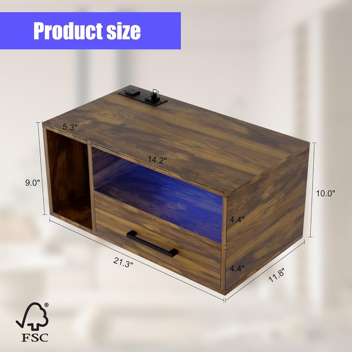 Homaterial Floating Nightstand with Charging Station and LED Lights, Floating Bedside Table with Drawers Wall Mounted Nightstands,for Bedroom Room, 21.3" x 11.8" x 10",Rustic Brown