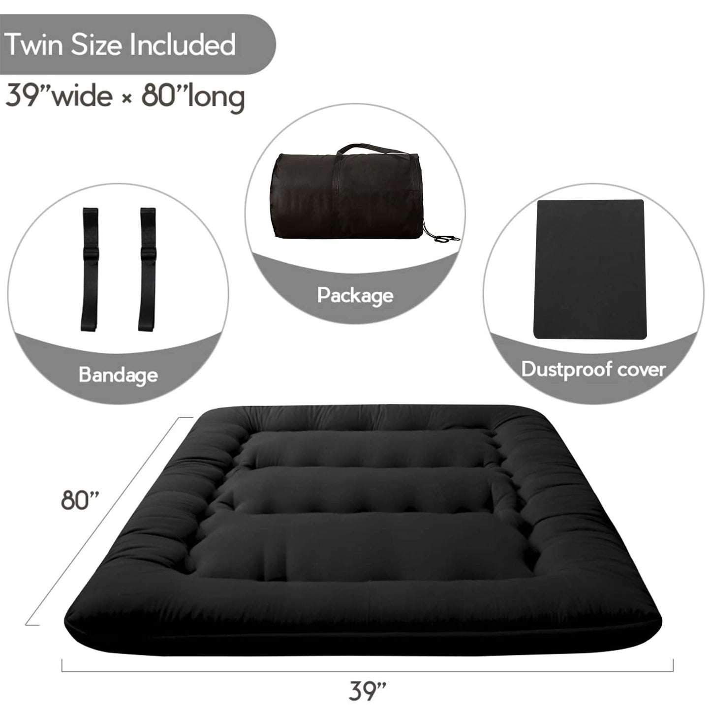 MAXYOYO Japanese Floor Mattress Futon Mattress, 4" Thicken Tatami Mat Sleeping Pad Foldable Roll Up Mat Boys Girls Dormitory Pad Kids Floor Lounger, Black, Twin Size