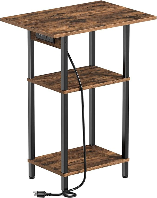 Asgolion Tall End Table with Charging Station, Skinny Nightstand with USB Ports