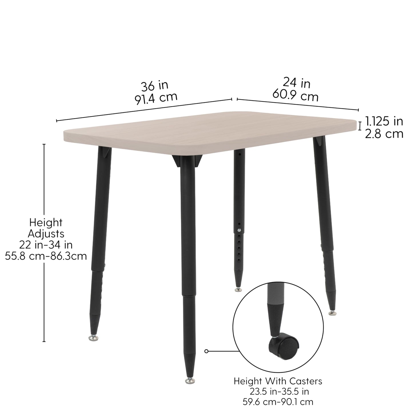 Adapte Commercial Classroom Activity Table - 24" x 36" Rectangle Woodgrain, ADA Compliant Tapered Legs with Glides & Casters, Adjustable Height 22-34" Wheelchair Accessible, School & Office Furniture