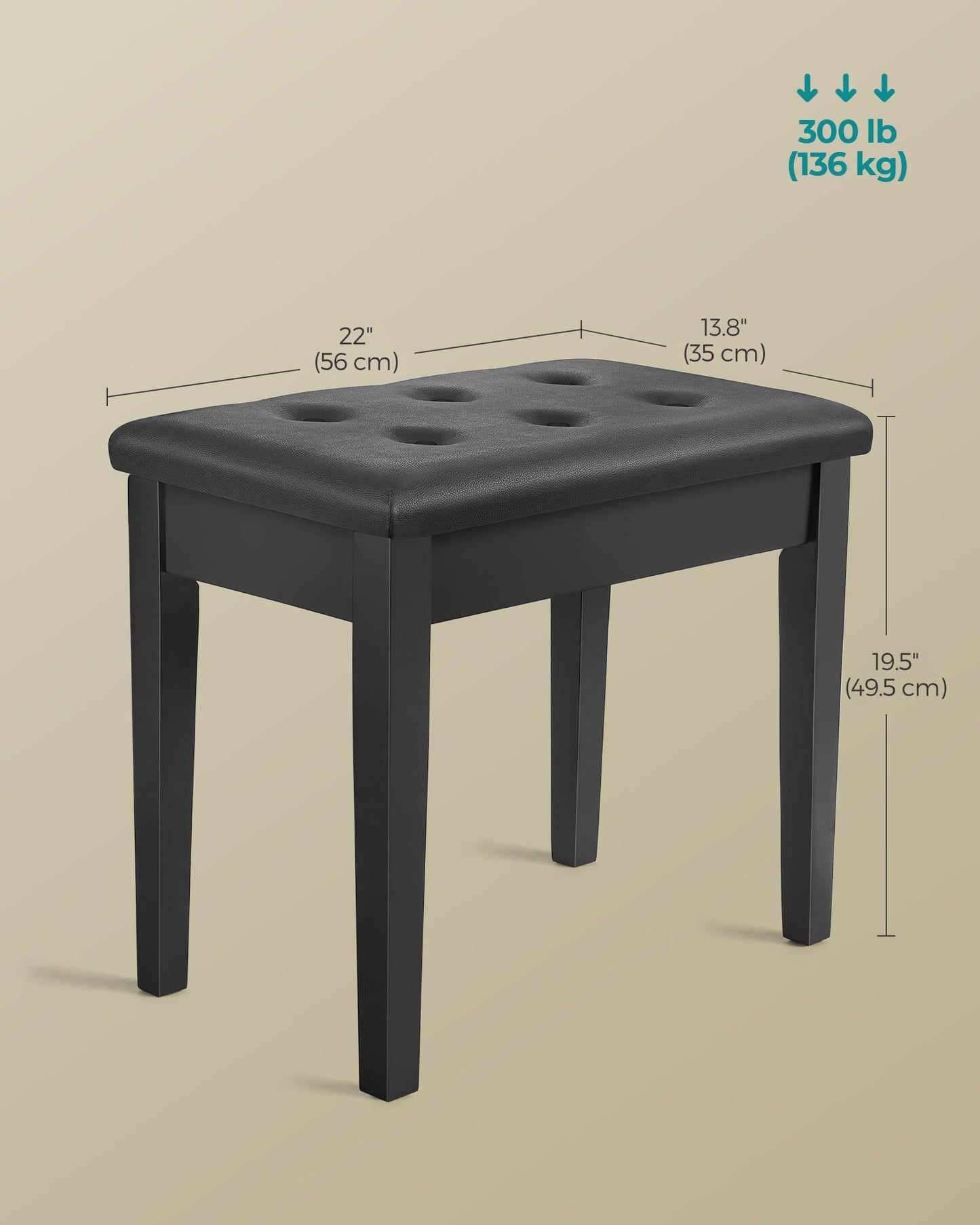 SONGMICS Piano Bench with Padded Cushion and Storage Compartment for Music Books, Vanity Stool, Tufted Wooden Piano Seat, 13.8 x 22 x 19.5 Inches, Black ULPB55H