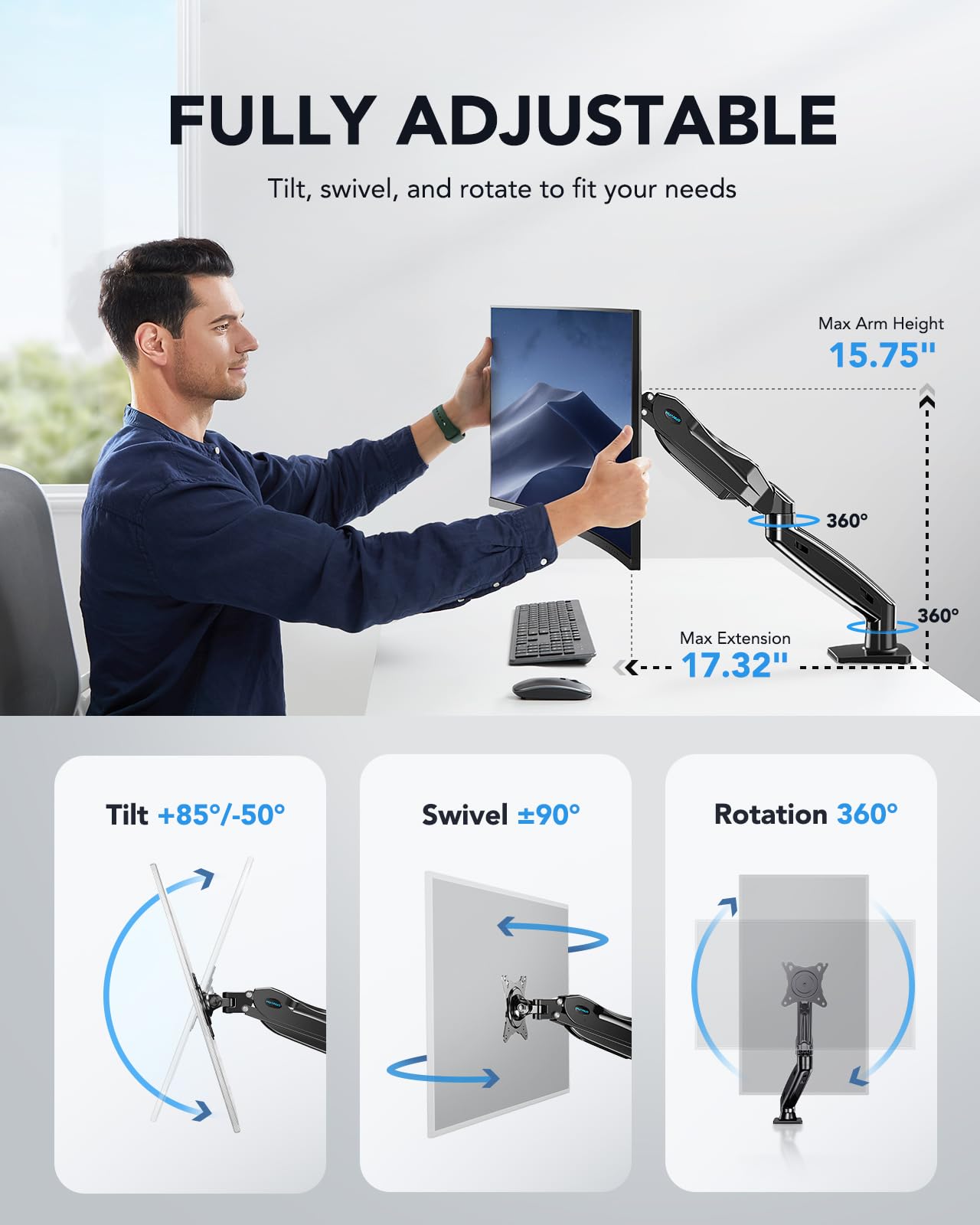 HUANUO FlowLift™ Single Monitor Mount, 13 to 32 Inch Monitor Arm, Adjustable Monitor Stand, Vesa Mount with Clamp and Grommet Base - Fits 4.4 to 19.8lbs LCD Computer Monitors