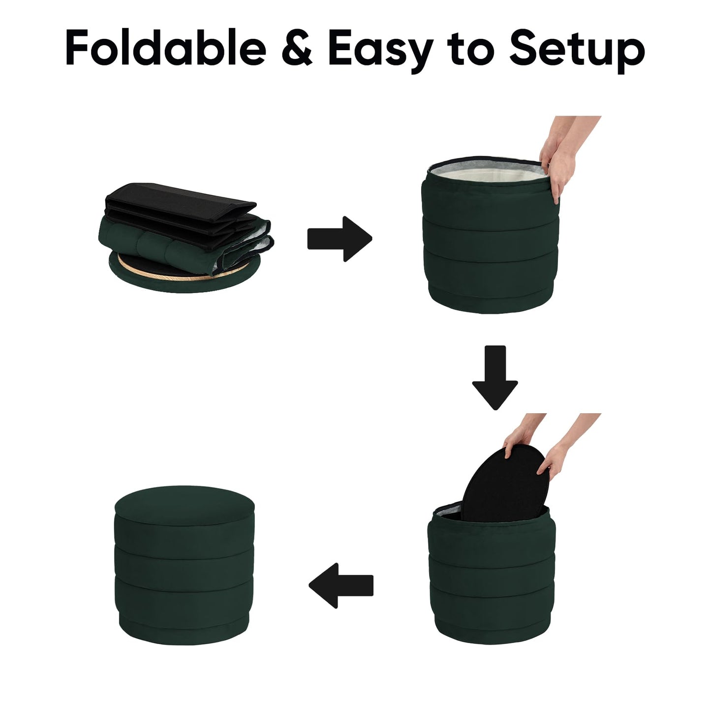 ZOLANOful 15.4" Round Velvet Storage Ottoman with Reversible Lid, Upholstered Circular Ottoman Footrest with Hidden Storage, Foldable Padded Footstool for Dorm Living Room & Bedroom, Bottle Green