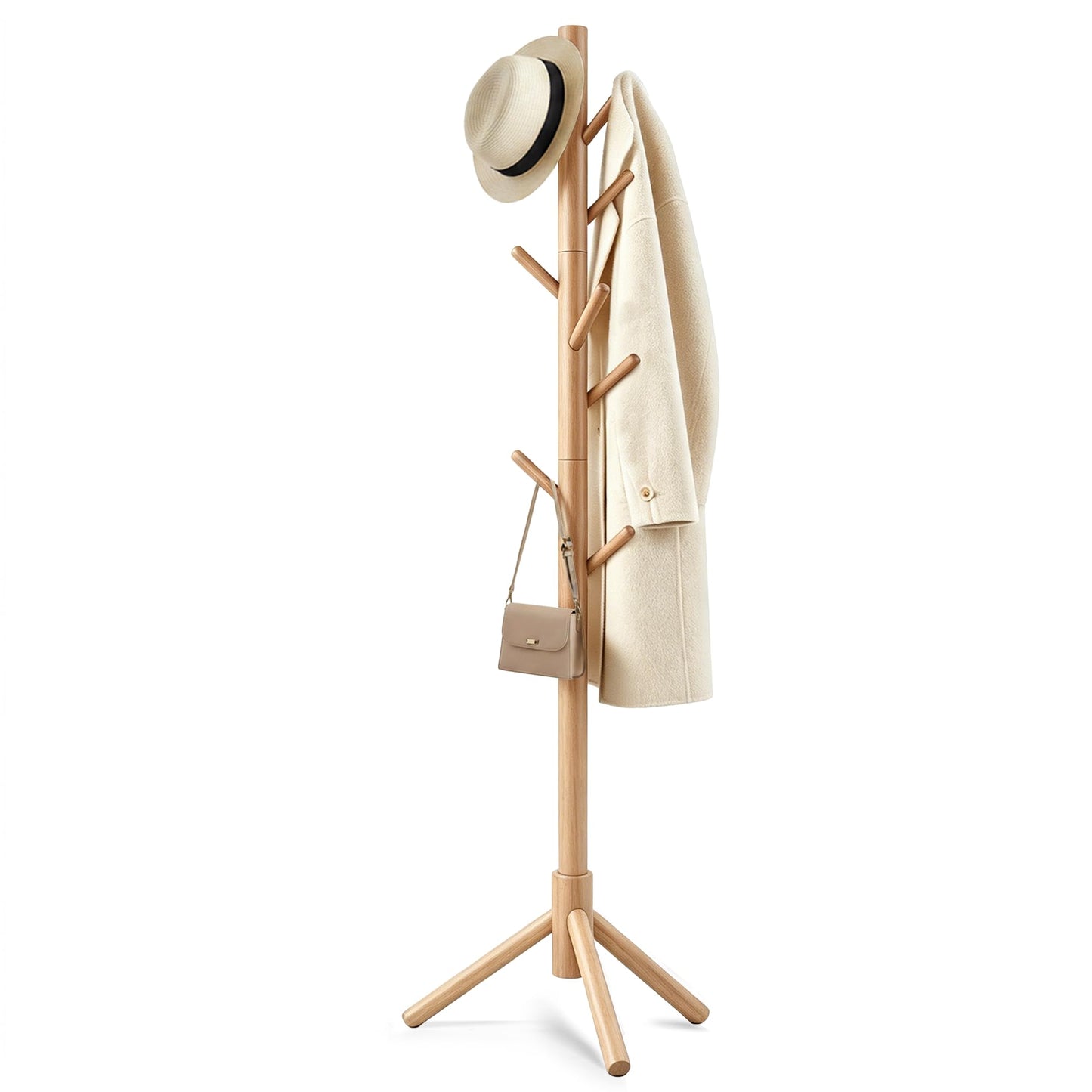 Freyawin Wooden Coat Rack Freestanding with 8 Hooks & 3 Adjustable Sizes for Clothes, Space-Saving Design for Bedroom Office Entrance Holds Hats Coats Scarves Bags