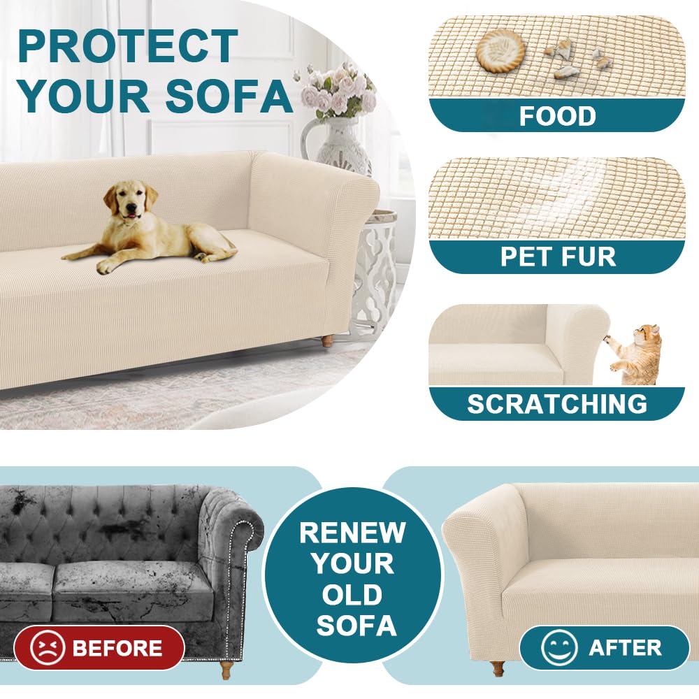 Turquoize Stretch Chesterfield Sofa Covers for Living Room Soft Sofa Couch Covers for 3 Cushion Couch Non-Slip Sofa Slipcover for Dogs Furniture Protector Feature Jacquard Fabric(Sofa, Biscotti Beige)
