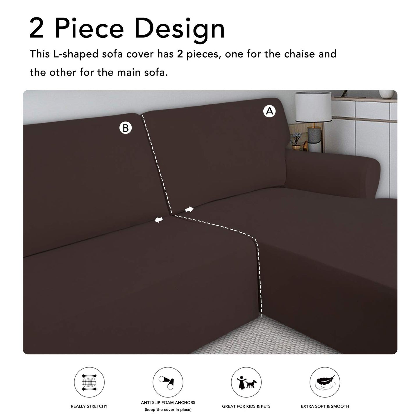 PureFit Super Stretch Sectional Couch Covers - 2 pcs Spandex Non Slip Sofa Covers with Elastic Bottom for L Shape Sectional Sofa Couch, Great for Kids & Pets（3 Seat Sofa + 3 Seat Chaise, Chocolate