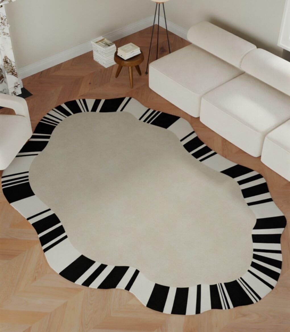 Beige Black White Stripes Irregular Area Rug for Bedroom Living Room Diningroom Non Slip Non Shedding Carpet Mid Century Modern Abstract Shaped Rug Minimalist Home Office Guestroom Floor Mats 5x8