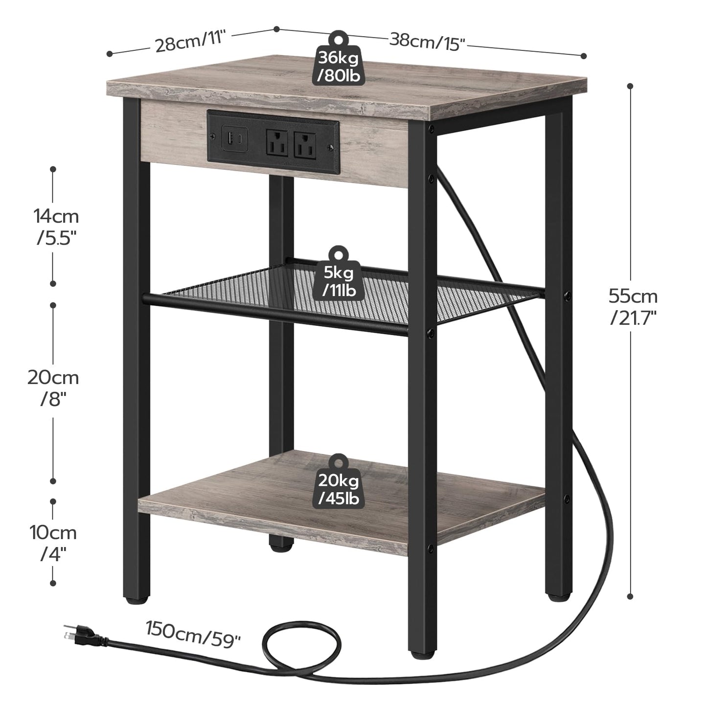 HOOBRO Side Table with Charging Station and USB Port, Small End Table for Small Space, 3-Tier Nightstand with Adjustable Shelf, for Living Room, Bedroom, Greige and Black BG112BZ01