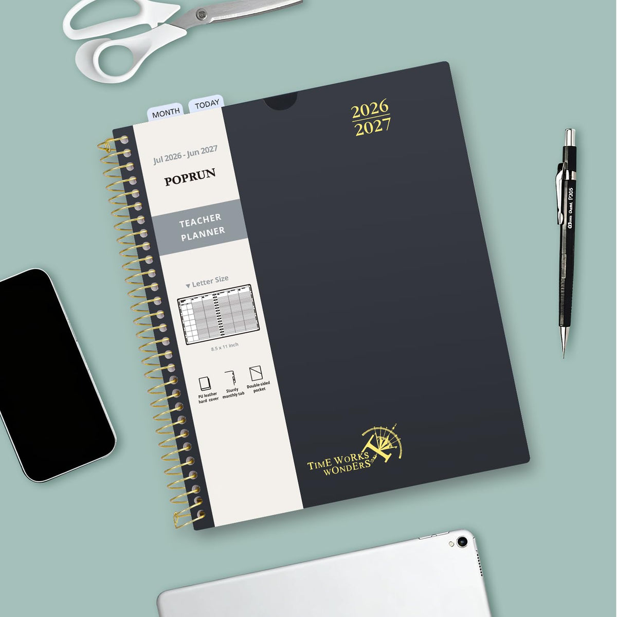 POPRUN Teacher Planner 2026-2027, 8.5" x 11", Academic Lesson Plan Book for Teachers (July 26-June 27) Weekly and Monthly with Gradebook, 2-Sided Pocket, Flexible PP Cover for Classroom, Black