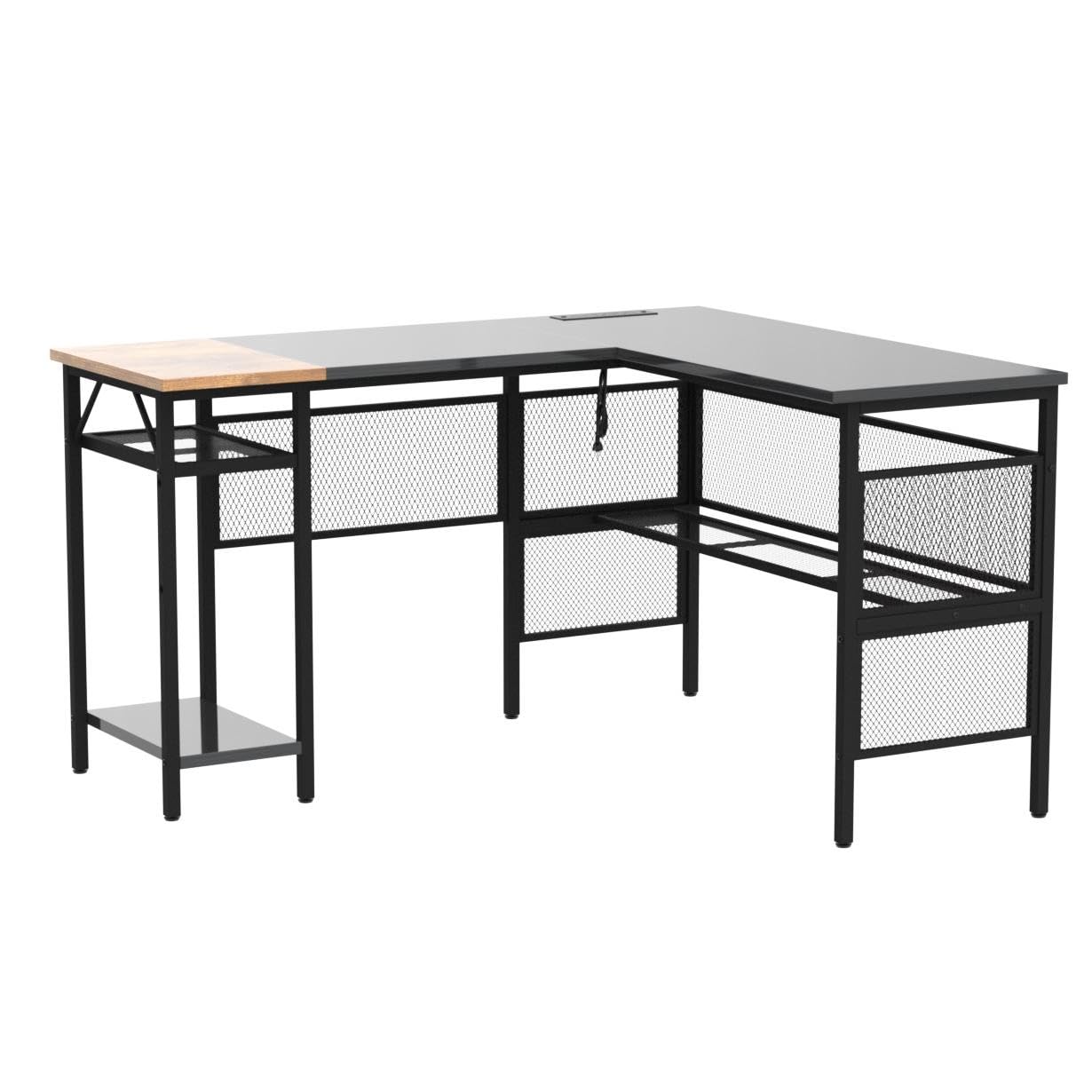 Unikito L Shaped Desk with USB Charging Port and Power Outlet, Reversible L-Shaped Corner Computer Desk with Storage Shelves, Industrial 2 Person Long Gaming Table Modern Home Office Desk, Dark Black