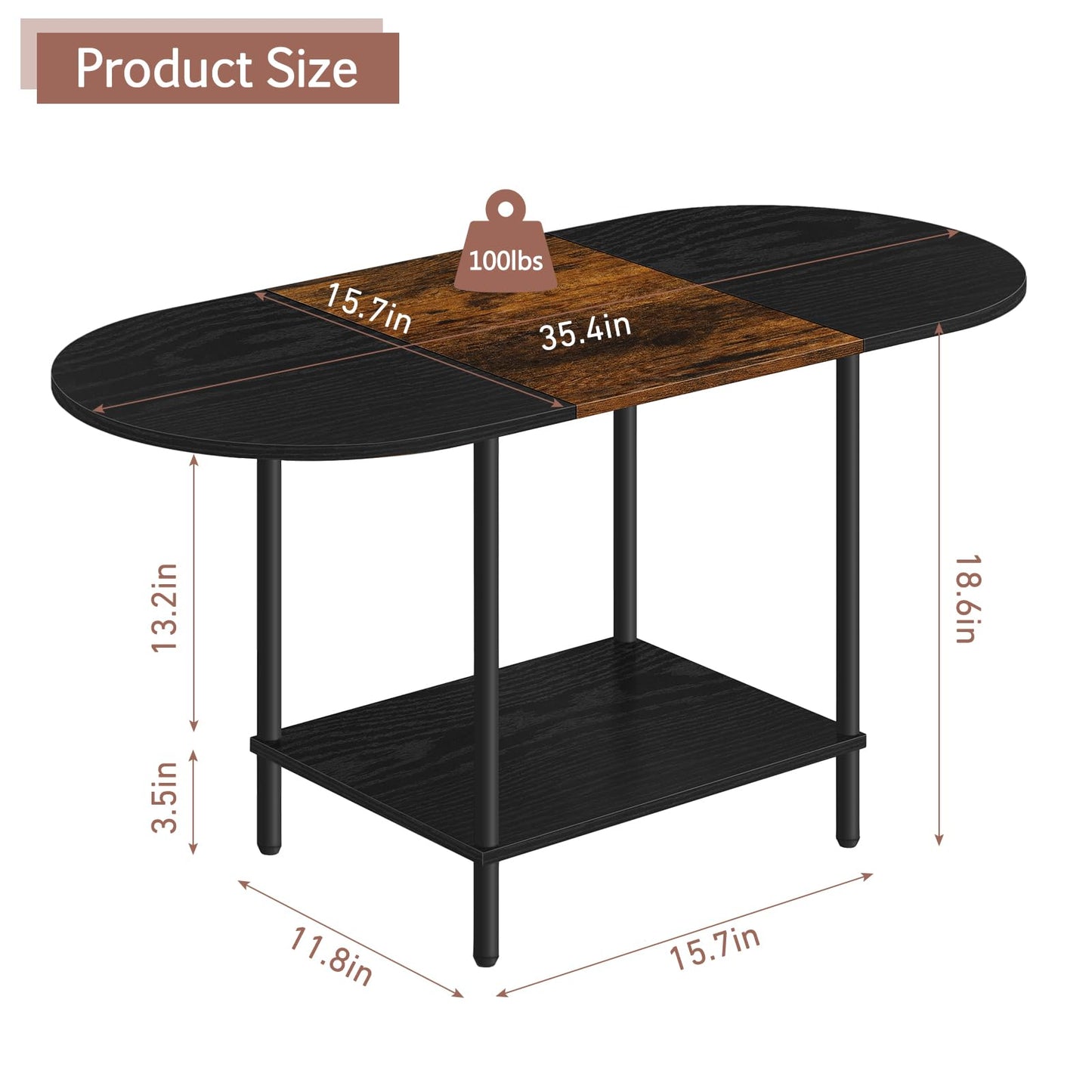 Farmhouse Oval Coffee Table with Storage, 2-Tier Wood Center Table for Living Room, Mid Century Modern Coffee Table Low Cocktail Tea Table for Small Space, Office, Apartment, Brown & Black