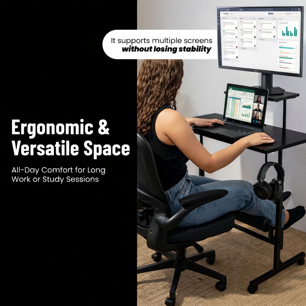 Model 2026 Adjustable Height Rolling Desk With Wheels Portable Compact Laptop Table Mobile Workstation For Study Office Small Space Standing Desk Ergonomic Writing Surface Modern Home Furniture Black