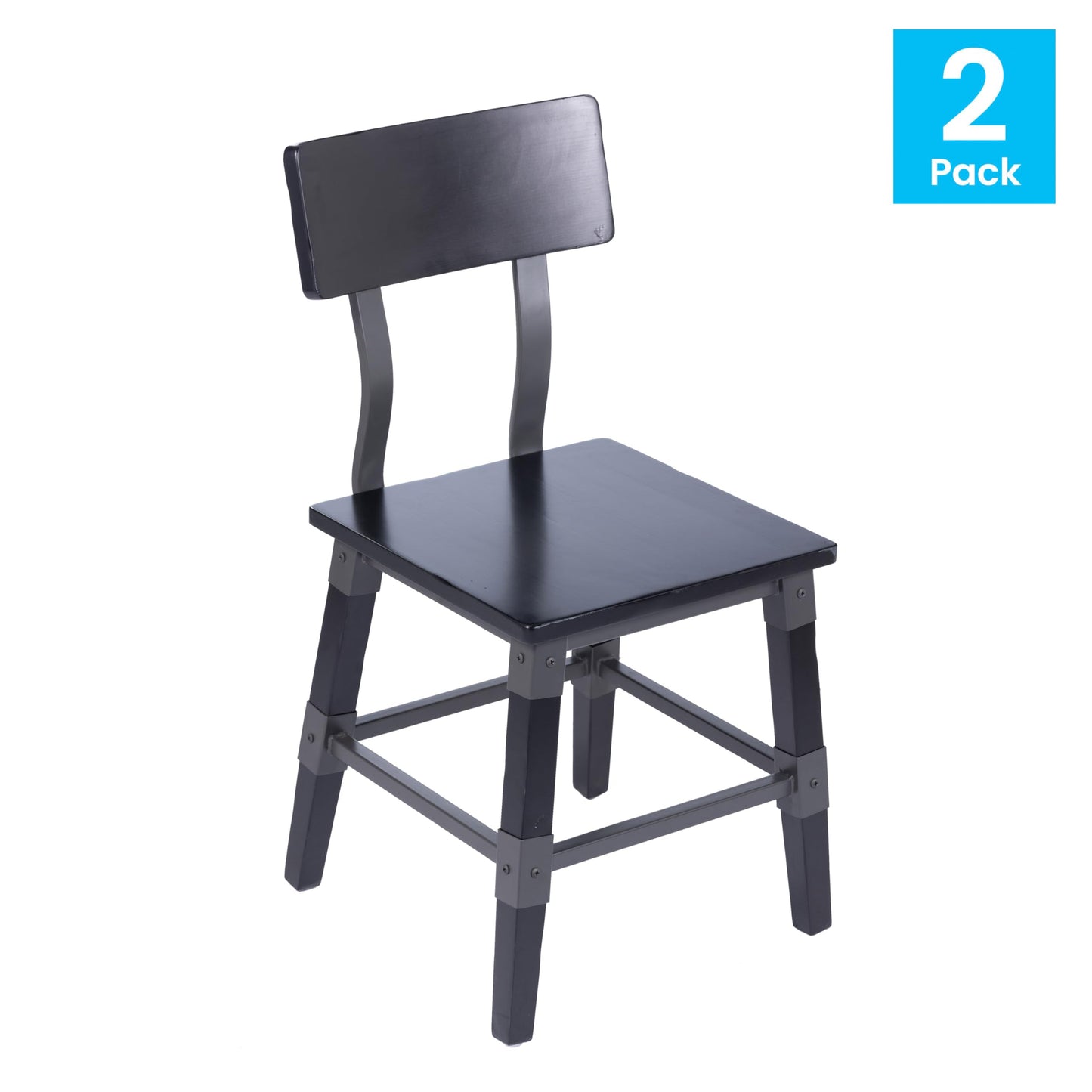 Flash Furniture Jackson Commercial Industrial Wood Dining Chair, Solid Beechwood Frame, Support Bar, Set of 2, Black