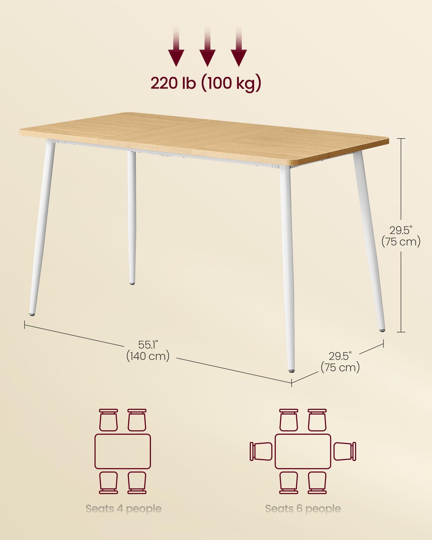 VASAGLE 55.1" Dining Table for 4-6 People, Modern Kitchen Table, Heat-Resistant Tabletop, Quick Assembly, for Dining Room, Golden Oak and Cloud White, Island Collection UKDT100N01V2