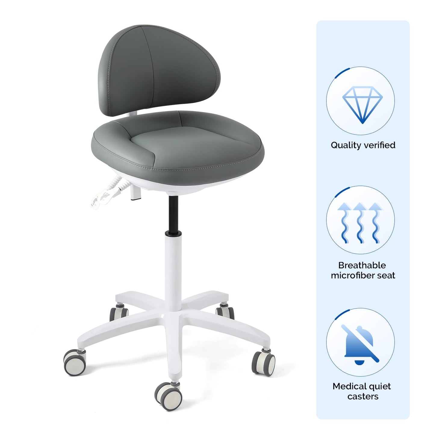 JMU Dental Stool, Adjustable Height Rolling Stool with Backrest, 350lbs Load Capacity Microfiber Leather, for Medical Clinic Lab Tattoo Salon, Grey