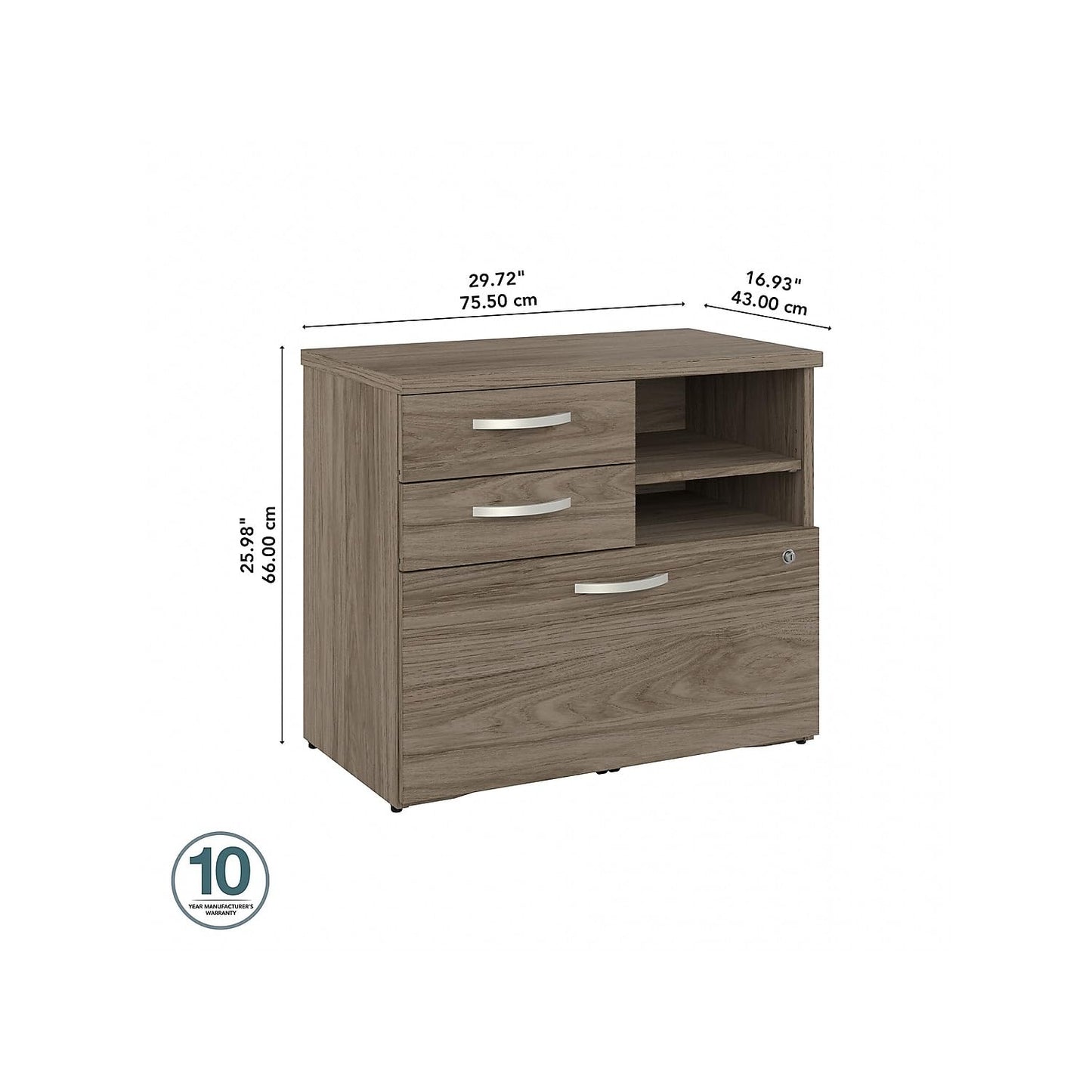 Bush Business Furniture Studio C Office Storage Cabinet with Drawers and Shelves in Modern Hickory, Organization for Home or Professional Workspace