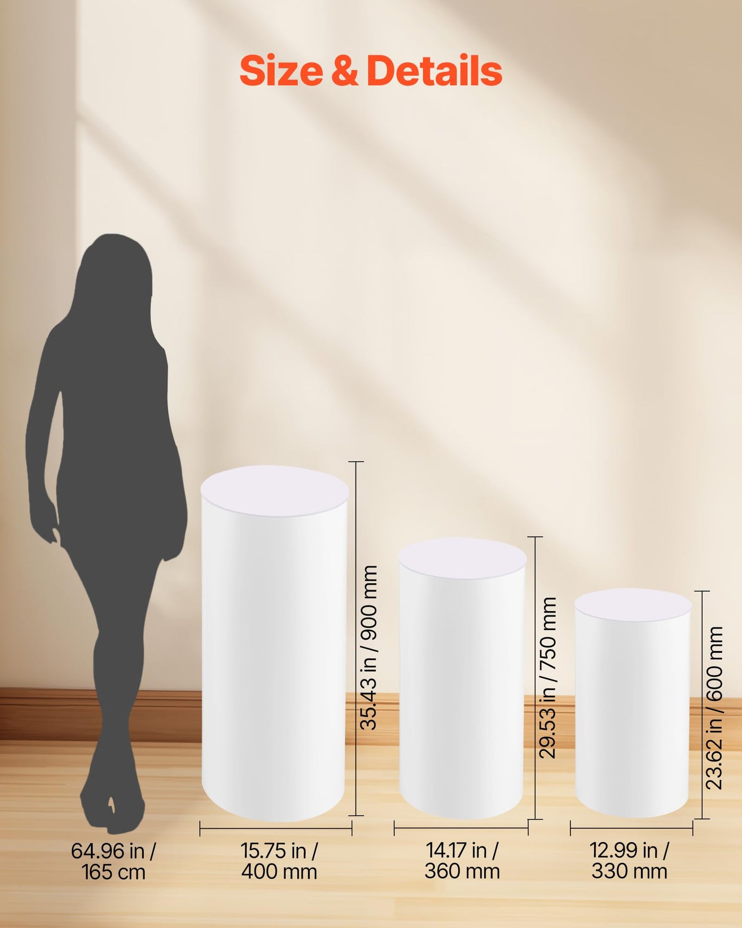 VEVOR Wedding Flower Stand, 3PCS 23.62/29.53/35.43 inch Round Cylinder Plinth, White Pedestal Stand with PVC Lid, Cylindrical Pedestal Stands for Wedding, Party, Birthday, Art Decor, 33.07 lbs Load