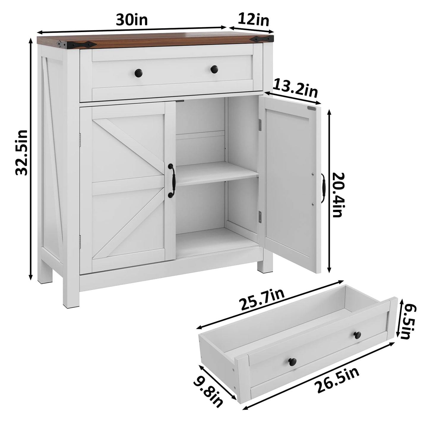 Mino Kesper Farmhouse Storage Cabinet with 2 Doors, White Kitchen Cabinet with Walnut Countertop, Freestanding Floor Storage Cabinets Hutch Cupboard