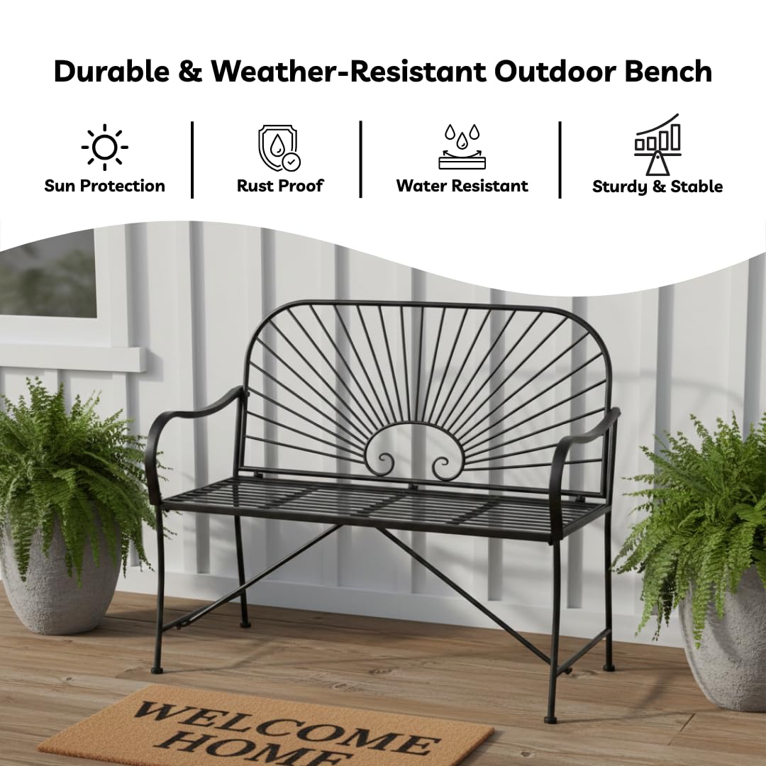 XBrand 44" L Iron Sun-Patterned Seat for Two, Patio & Porch Furniture for Park, Yard, Lawn, Balcony, Backyard – Black