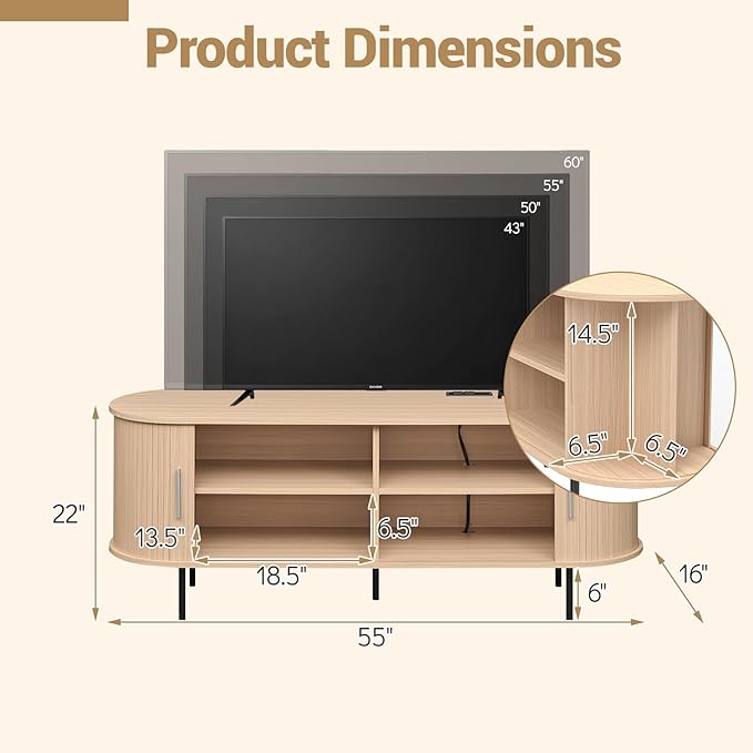 Tangkula Fluted TV Stand for TVs up to 60”, Mid Century Curved Entertainment