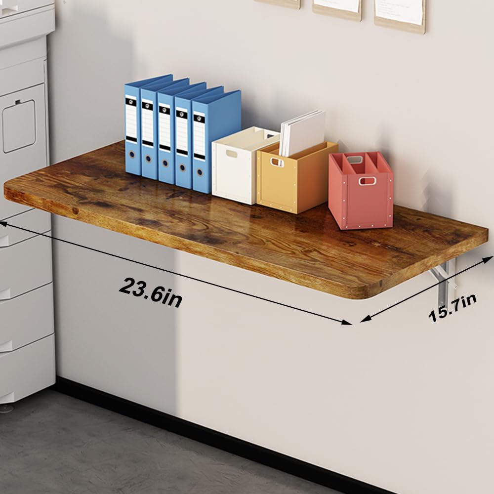 CYGJSYEA Rustic Wall Mounted Folding Table, Solid Wood Floating Desk with Stainless Steel Brackets, Space Saving Shelf for Home Office, Kitchen, Dining, Laundry Room (60X40cm / 23.63"X15.75")