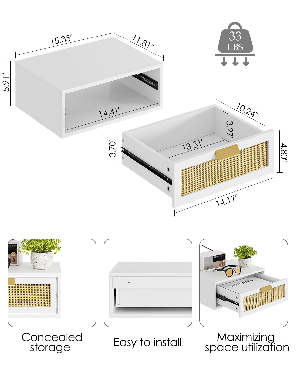 Aienvey Floating Nightstand, Floating Shelf with Drawer, Wall Mounted Nightstand, Floating Bedside Table (White Rattan)