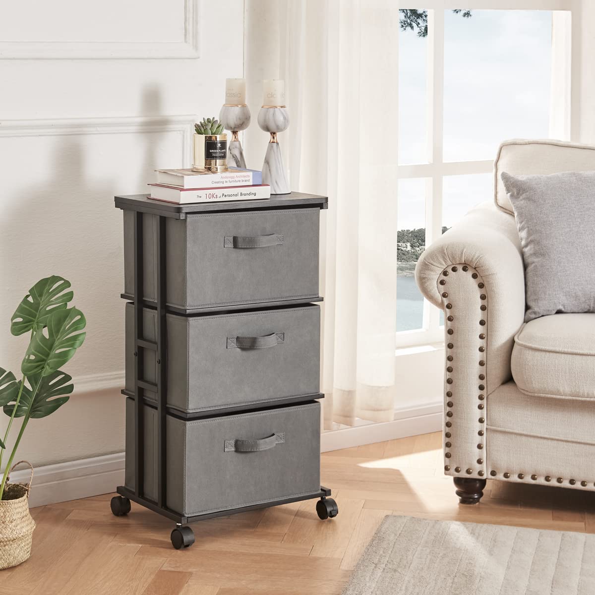 MAX Houser Dresser Tower with 3 Drawers for Bedroom, Fabric Storage Organizer Unit, Chest of Drawers with with WoodTop, Small Vertical Storage for Guest Room, Closet, Entryway(Grey)