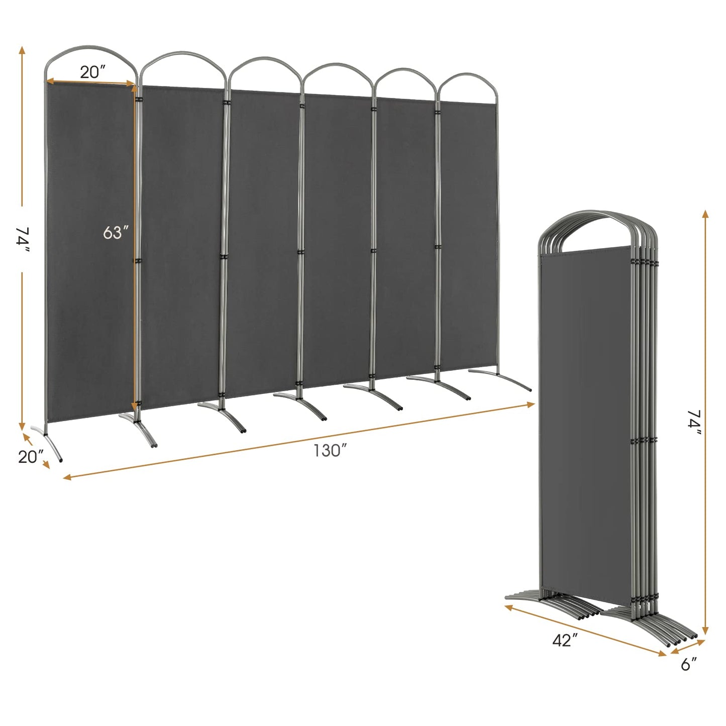 Giantex 6.2Ft Folding 6-Panel Room Divider Grey - 130" Wide Freestanding Foldable Fabric Privacy Screen, Lightweight Portable Partition Wall Divider and Separator for Home Office, Apartment, Studio