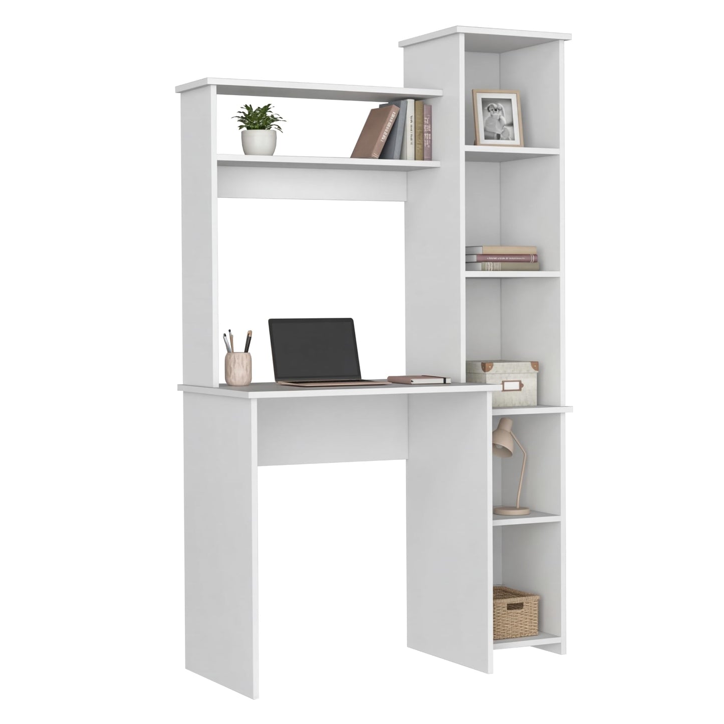 Tuhome Versalles Writing Desk with Two Superior Shelves, Five Side Open Storage Compartments, Space-Saving Modern Workstation Design for Studios and Offices, Ideal for Organization, Books