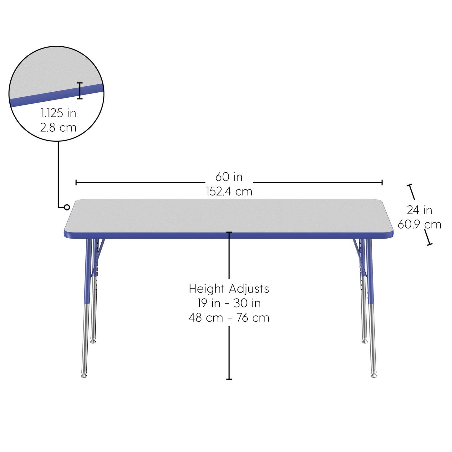 FDP Rectangle Activity School and Office Table (24 x 60 inch), Standard Legs with Swivel Glides, Adjustable Height 19-30 inches - Gray Top and Blue Edge